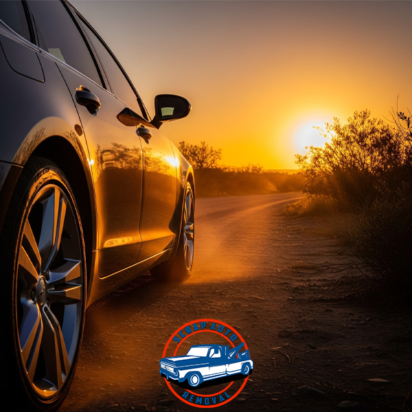A shiny car on a dirt road at sunset, with the sun's reflection on its side and a logo overlay.