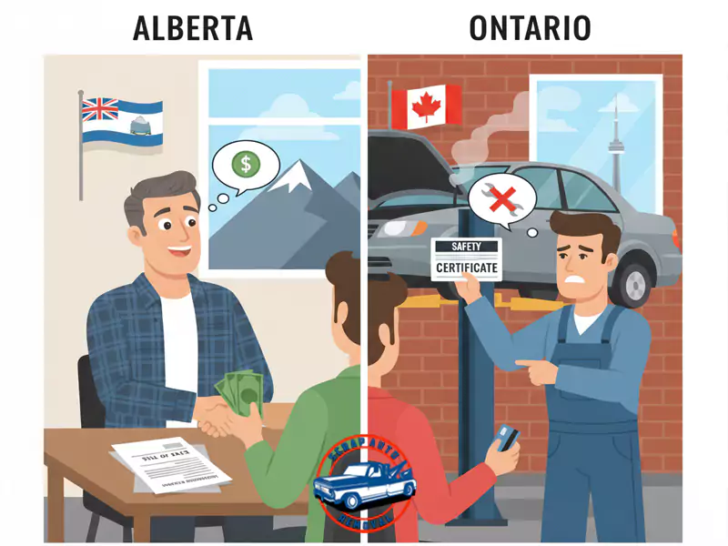 Split cartoon: Alberta man gets cash with Bill of Sale; Ontario man is stressed by mechanic over Safety Certificate.