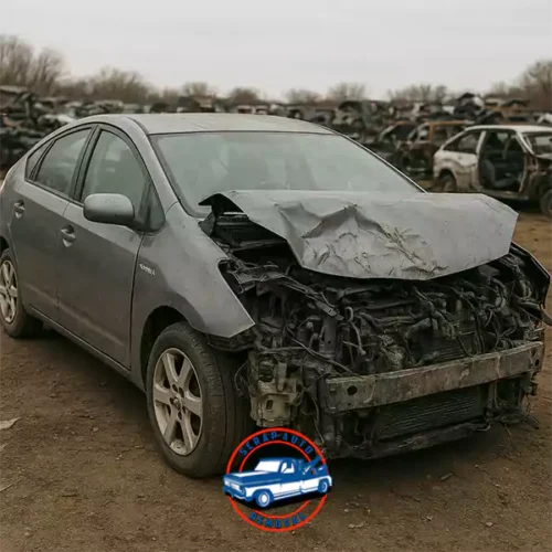 Gray, severely damaged Toyota Prius in a junkyard with other wrecked cars in the background. Sloop Auto Removal logo at the bottom.
