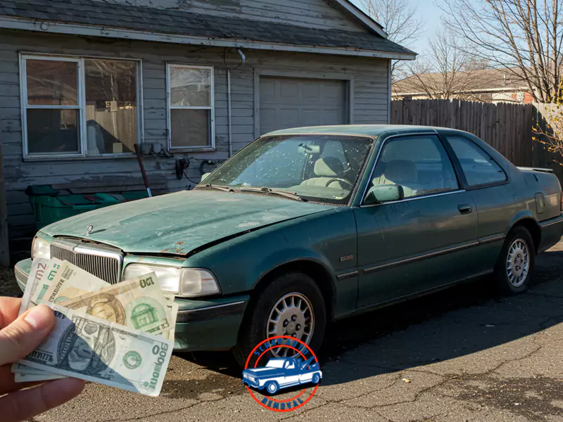 Hand holds cash in front of a damaged green coupe parked by a weathered garage, turning car into banknotes. Sell a Commercial Vehicle