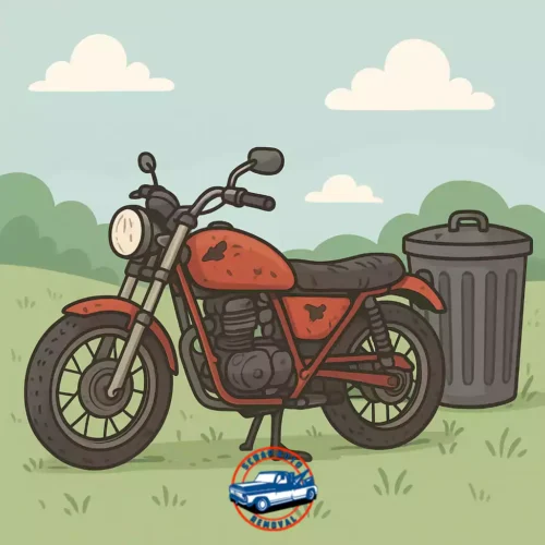 An illustration of a red, junked motorcycle next to a garbage can on a grassy lawn with clouds that shows Navigate Junk Motorcycle Removal.