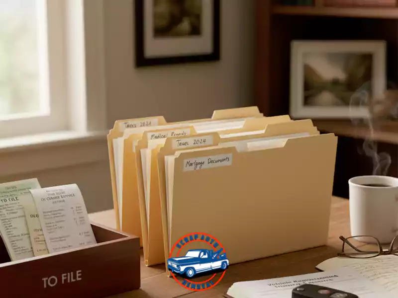 Folders labeled 'Taxes 2024', 'Medical Records', 'Mortgage Documents' sit on a desk beside a coffee mug.