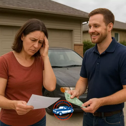 Woman stressed by paperwork while she didn't know how to sell a used car in Canada and man hands her cash, symbolizing easy scrap car removal service.