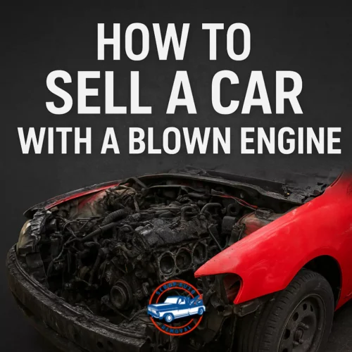 Red car with a completely blown engine visible, "How to Sell a Car with a Blown Engine" text overlay, and Scrap Auto Removal logo.