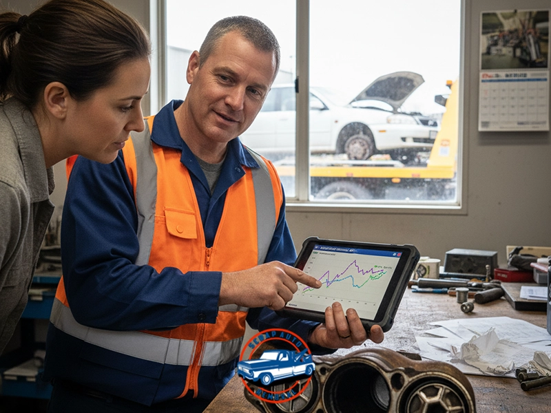 Two individuals in workshop setting reviewing tablet with multicolored line graph; one in blue uniform and orange safety vest points at screen while other observes, with mechanical component on table and white car with open hood visible through window.