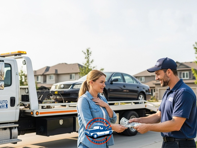 Man in uniform handing cash to woman beside tow truck with black sedan loaded; woman appears pleasantly surprised, suburban neighborhood in background with “AUTO REMOVAL” text on truck.