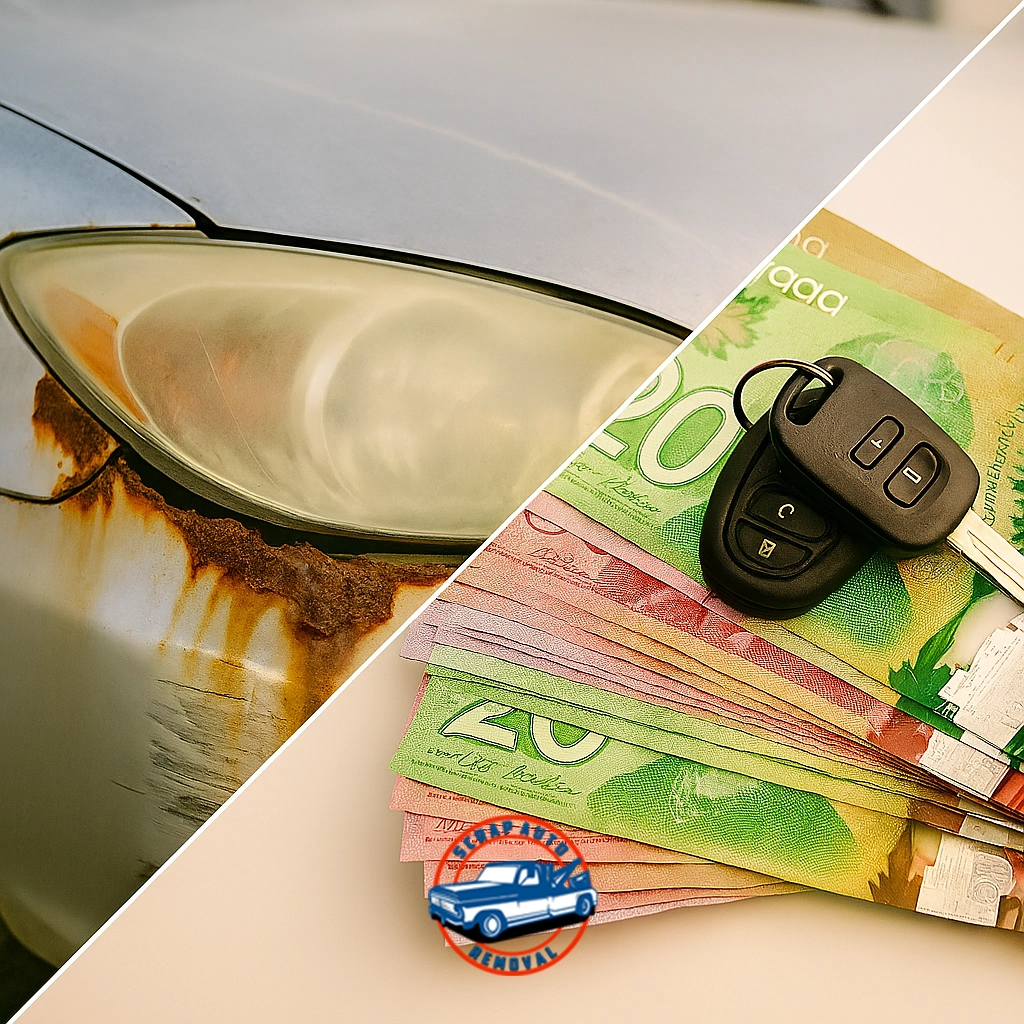 Split image showing contrast between old and new: left side features close-up of rusted, damaged car headlight with corroded surface; right side displays stack of Canadian $20 and $50 bills with car keys on top, suggesting vehicle sale or trade-in.