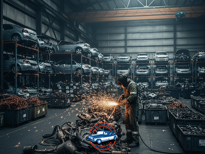 Interior of large industrial warehouse filled with stacked shelves of vehicles; worker in protective gear uses welding torch on pile of automotive parts, creating sparks amid bins of metal components and dim overhead lighting.