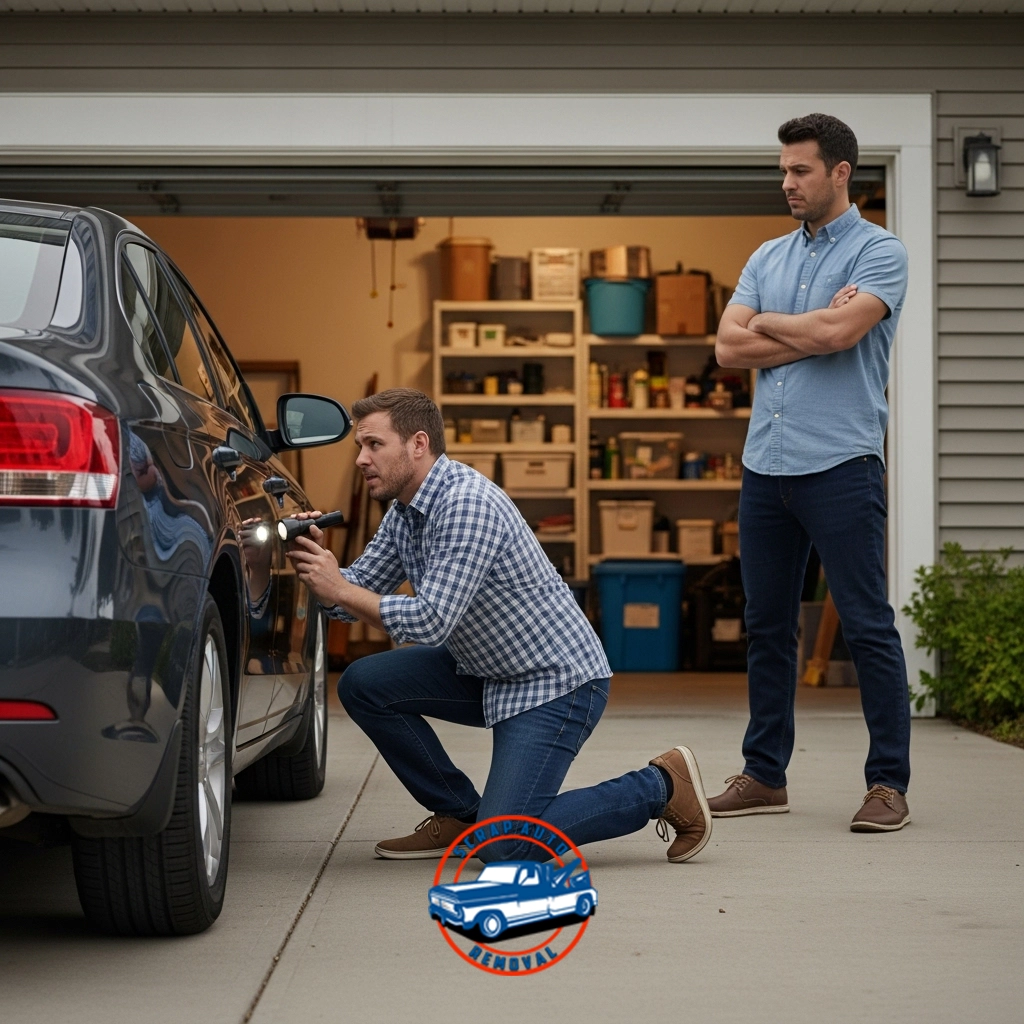 Two men outside residential garage inspecting dark-colored car; one kneels with flashlight near driver’s door while other stands with arms crossed, garage interior visible with shelves of tools and household items.