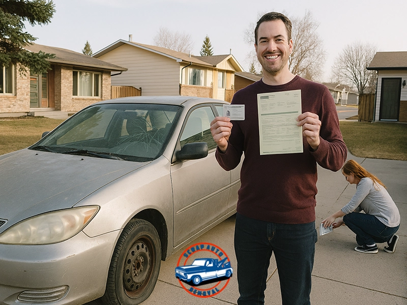 Man smiling in residential driveway holding driver’s license and vehicle document in front of silver sedan; woman crouched near rear of car, inspecting or working, with suburban houses and clear sky in background.