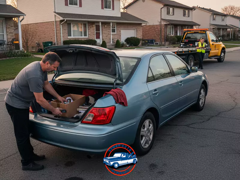 Man empties personal items from the trunk of a blue sedan in a suburban street; tow truck and driver wait nearby.