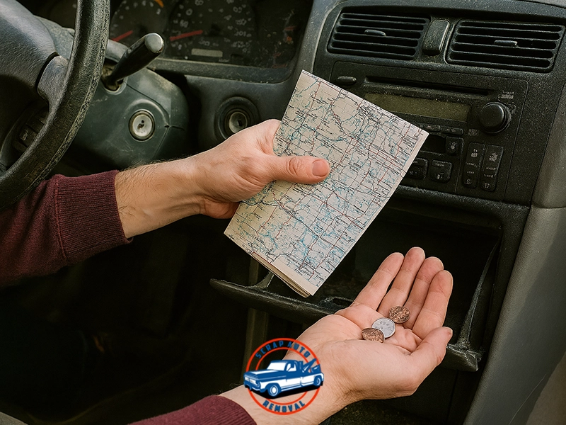 Interior view of car dashboard with person holding folded road map in one hand and coins in the other; glove compartment open, radio and controls visible, suggesting travel planning or budgeting in a traditional, hands-on style.