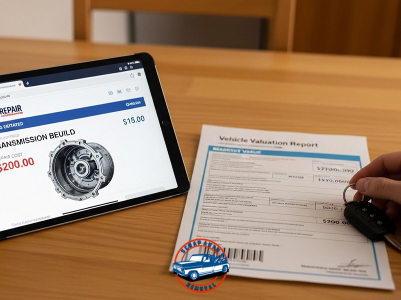 Tablet displaying “AUTOREPAIR” webpage with transmission rebuild listing and checkout button; beside it, printed Vehicle Valuation Report showing market values and a hand holding car keys on wooden table.