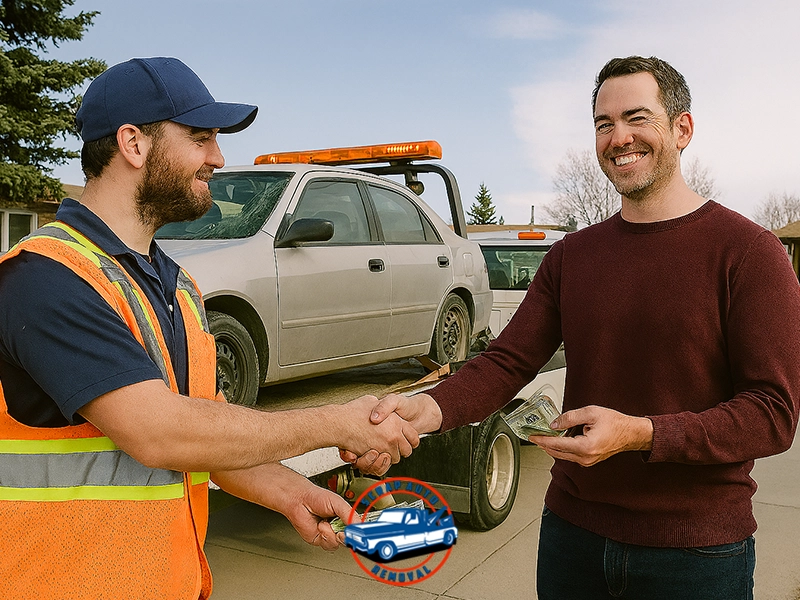 Two men standing outdoors near tow truck with silver sedan loaded; one in orange safety vest and navy uniform shakes hands with other man in maroon sweater, who hands over cash, with suburban homes and clear sky in background.