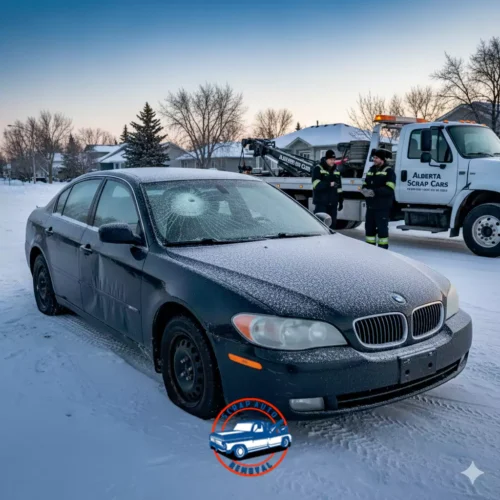 Snowy Alberta street at dusk shows Sell Non Running car dark sedan and hail damage; Alberta Scrap Cars tow truck with two operators.