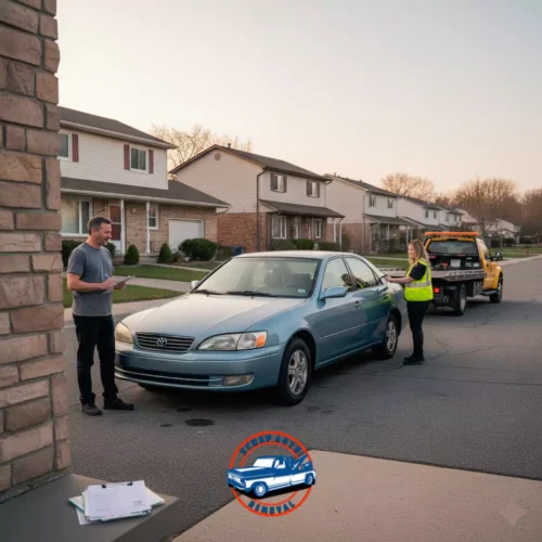 Man signs documents about sell car for parts with tow truck driver in a suburban driveway before the old blue sedan is towed away.