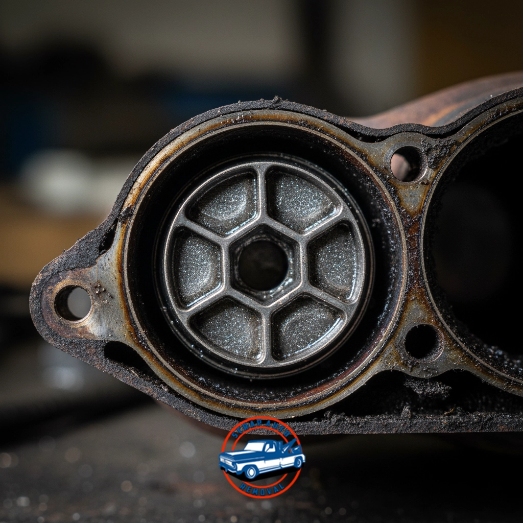 Close-up of circular metallic automotive component with hexagonal honeycomb pattern, likely part of a catalytic converter or filter; surrounding area shows rust and wear, emphasizing age and extensive use.