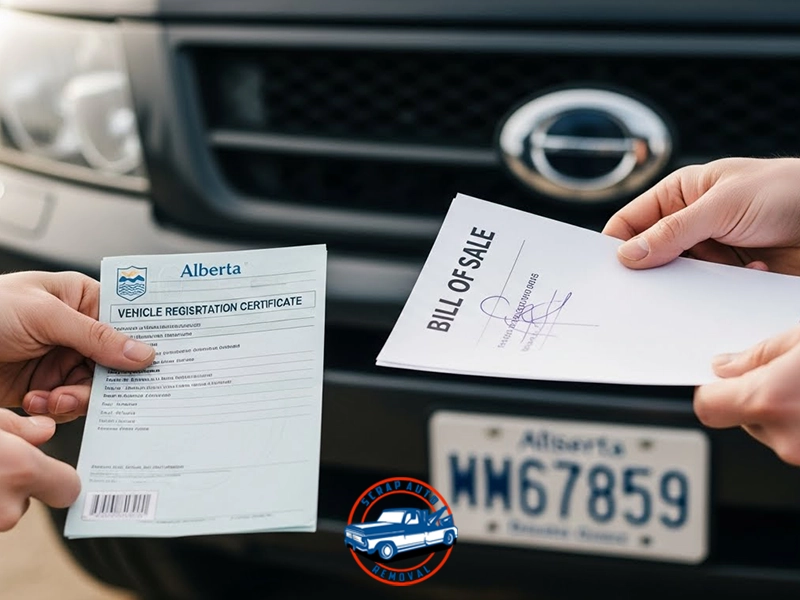 Hands exchanging Alberta vehicle registration and signed bill of sale in front of a car with visible Alberta license plate.