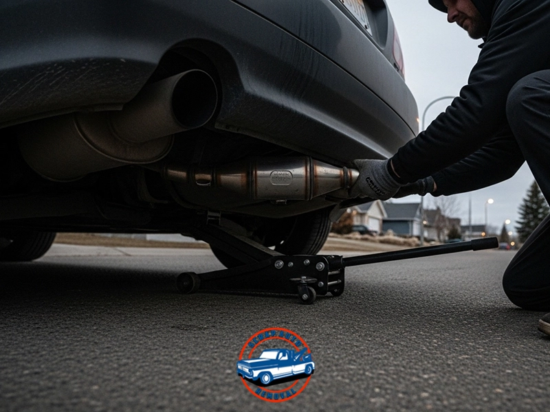 Person kneeling on residential street inspecting car’s exhaust system near catalytic converter; vehicle is lifted with hydraulic floor jack, and surrounding neighborhood features houses and trees under overcast sky.