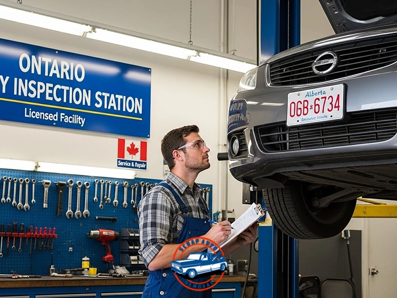 Mechanic inspecting Alberta-plated car at an Ontario Safety Inspection Station with tools and signage visible in the workshop.