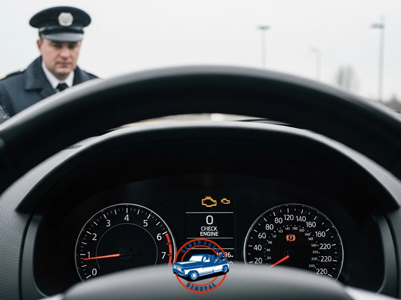 Interior view from driver’s seat showing dashboard with illuminated check engine and warning lights; speedometer reads 0 km/h, tachometer at idle, and odometer at 19,986 km; outside windshield, uniformed police officer stands in front of car, suggesting traffic stop or inspection.