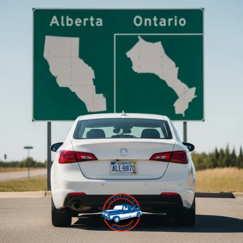 White car with Alberta plate parked before large Alberta and Ontario road signs on a clear day with open highway scenery. Sell Alberta Registered Car in Ontario