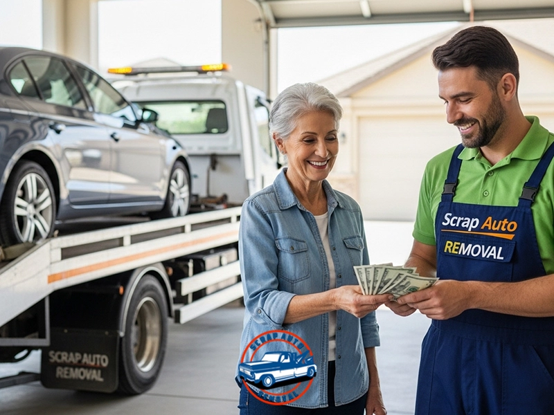 Woman handing cash to smiling man in “Scrap Auto REMOVAL” uniform beside tow truck with dark sedan loaded; scene takes place in clean garage or driveway, suggesting professional vehicle removal transaction.
