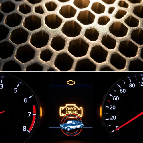 Split image showing top view of illuminated metallic honeycomb structure, likely from a catalytic converter; bottom view features car dashboard with glowing orange “Check Engine” light and engine icon, flanked by tachometer and speedometer gauges, suggesting vehicle diagnostics or emissions issue.
