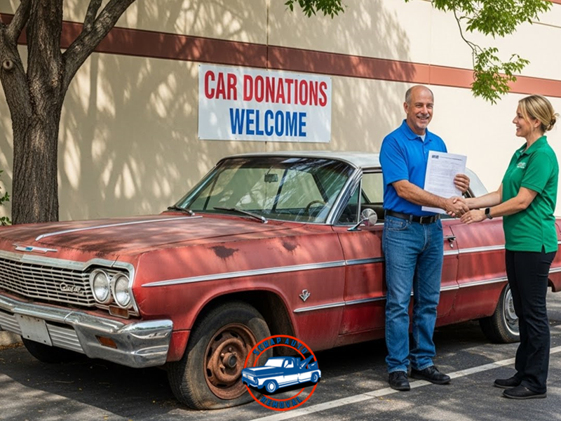 Smiling donor shaking hands with staff beside an old red car under a sign reading ‘Car Donations Welcome’ Scrap or Donate an Old Car