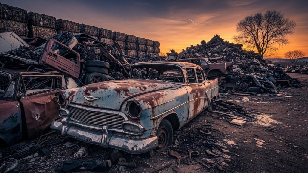 Rusty classic car surrounded by piles of crushed metal and scrap parts at sunset in a busy junkyard