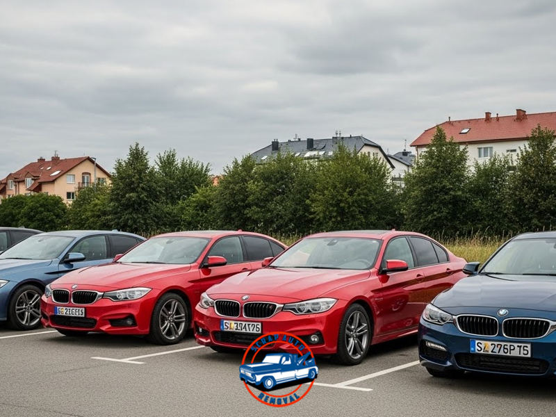 Row of parked used cars including a blue BMW sedan in a dealership parking lot