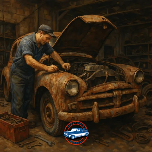 Mechanic working on a heavily rusted vintage car in a dim garage with tools scattered on the floor