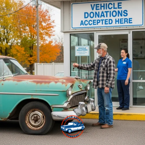 Man donating a rusty vintage car at a vehicle donation center with fall trees and a staff member smiling nearby