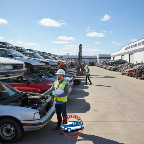Workers inspecting stacked scrap cars at a recycling yard under clear sky with heavy equipment in background.