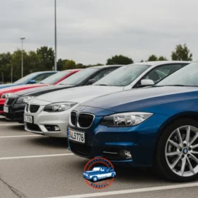 Multiple BMW sedans parked in a lot, showing used cars available for sale