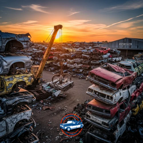 Sunset over a busy scrapyard with stacked crushed cars and a crane lifting metal near a building labeled Scrap Central. Totaled Car Insurance Payout
