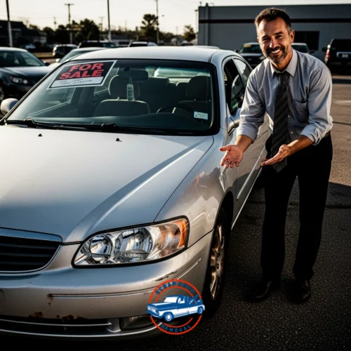 Man presenting a used car for sale at a dealership parking lot with a ‘For Sale’ sign on the windshield.
