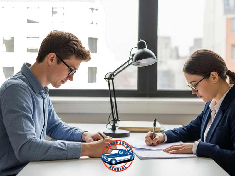 Man and woman signing documents about Sell a Car That Still Has Payment at an office desk during a car sale or ownership transfer meeting.