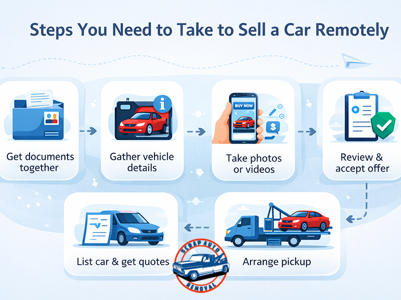 Steps to sell a car remotely showing documents, vehicle details, photos, offer review, quotes, and pickup