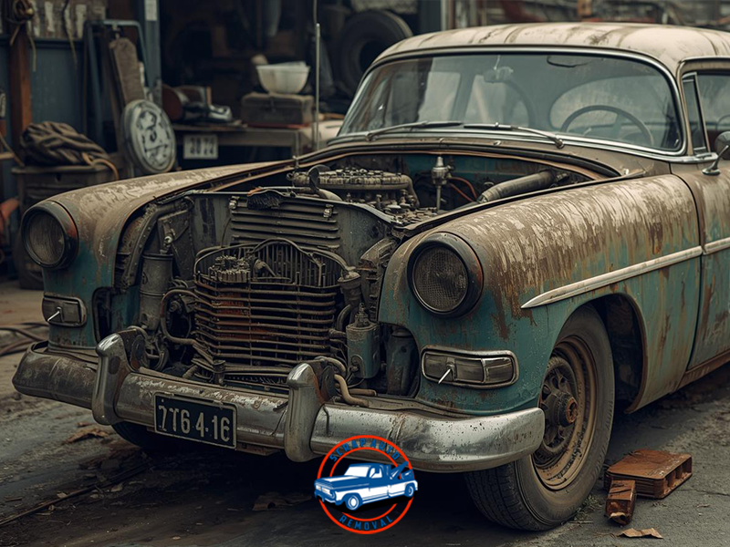Rusted vintage classic car with exposed engine, parked in an old garage workshop with tools and worn details. Common Car Issues 