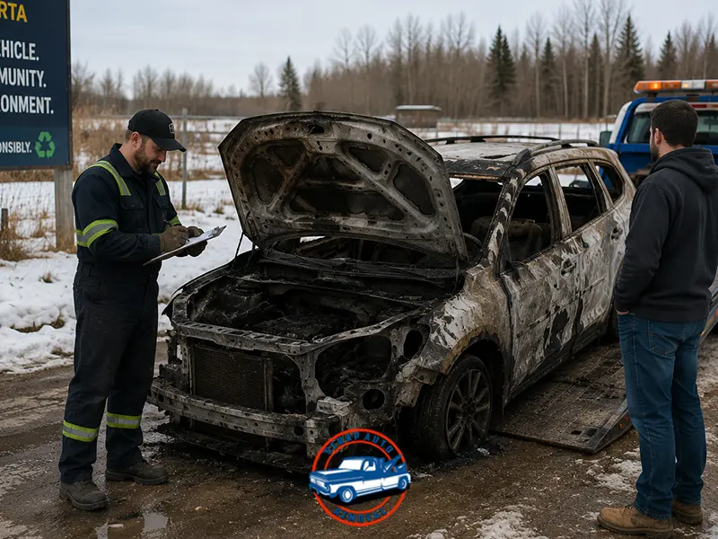 A fire damaged car getting towed