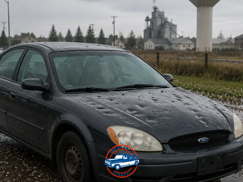 A hail damaged car in Irricana