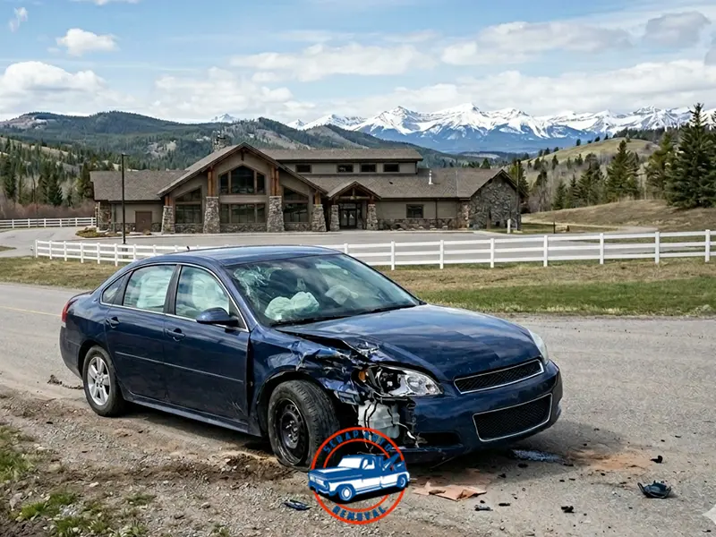 A wrecked blue car in Bearspaw