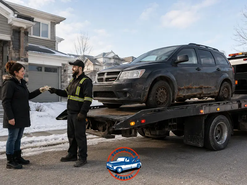 Woman handing cash to a tow truck driver loading a rusty black Dodge SUV on a snowy residential street.