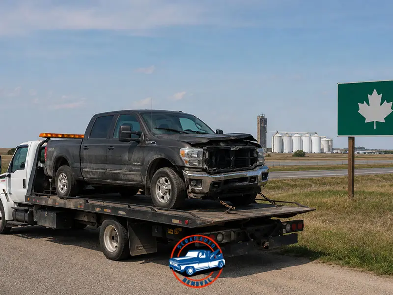 Damaged pickup truck on flatbed near highway sign with maple leaf, agricultural silos in distance.