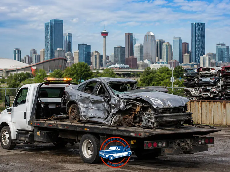 Heavily damaged silver sedan on a flatbed tow truck in front of Calgary city skyline with a landmark tower and scrap yard.