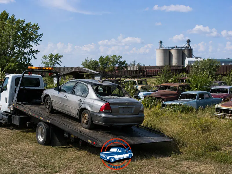 Silver sedan with shattered rear window on a flatbed tow truck parked in a salvage yard near silos and train cars