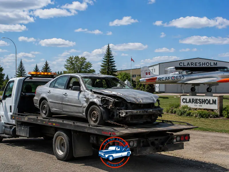 Damaged silver sedan on flatbed truck near Claresholm landmark sign