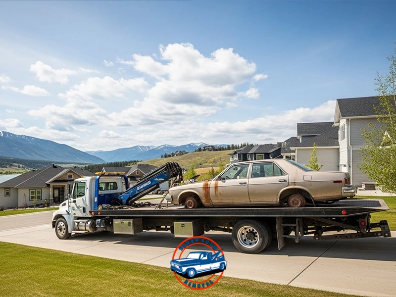 Rusty, beige vintage sedan loaded on a flatbed tow truck in a suburban neighborhood with mountains