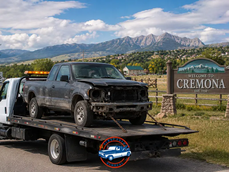 Damaged pickup truck on flatbed tow truck next to Welcome to Cremona sign and mountain range